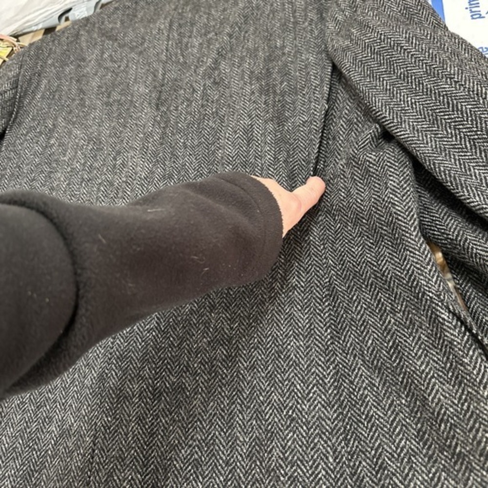 Daks Vtg Tweed‎ Jacket Mens Black 100% Wool Herringbone Blazer Leather Accents - Picture 14 of 14